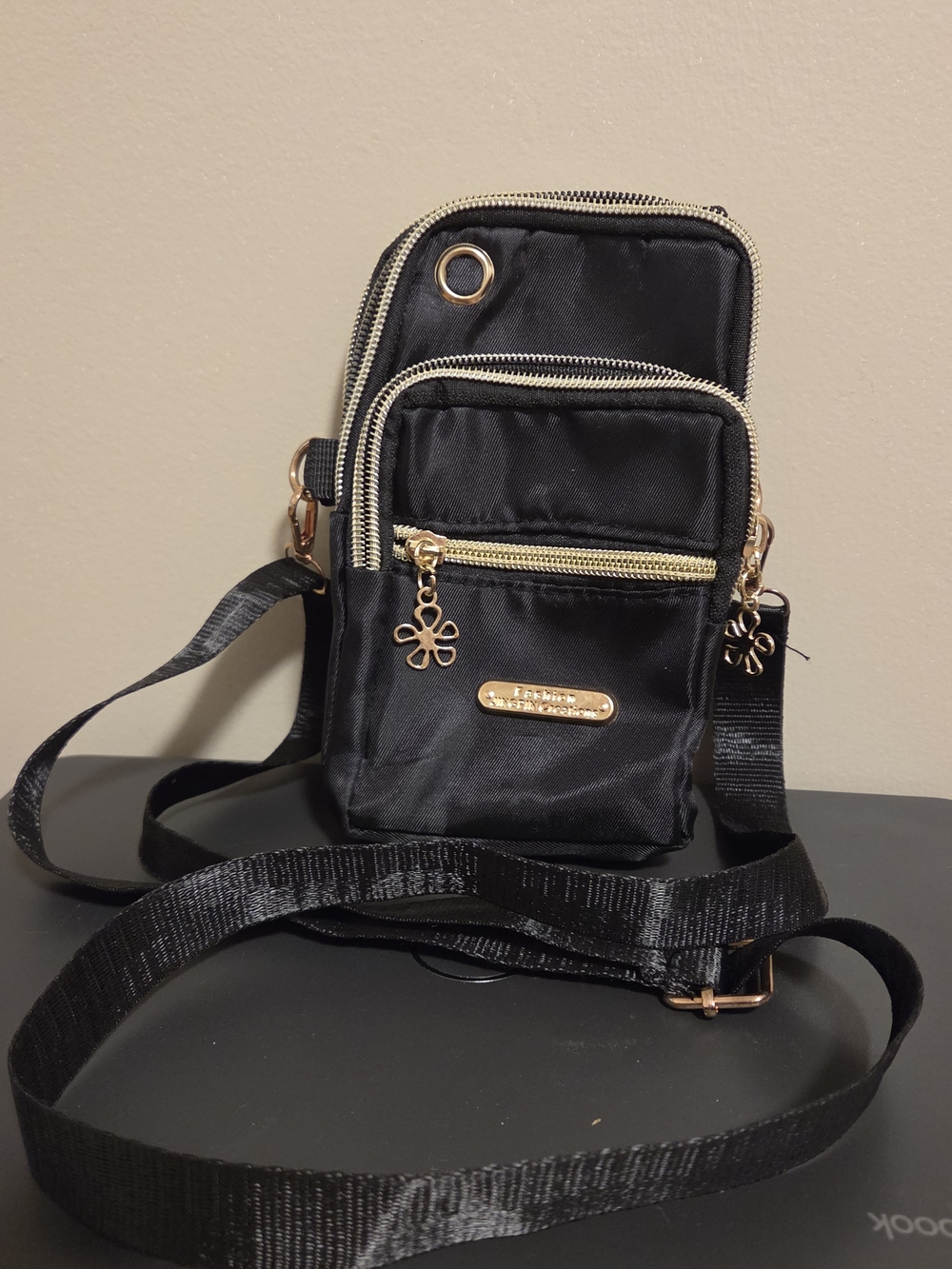 Black Crossbody Phone Bag with Gold Hardware